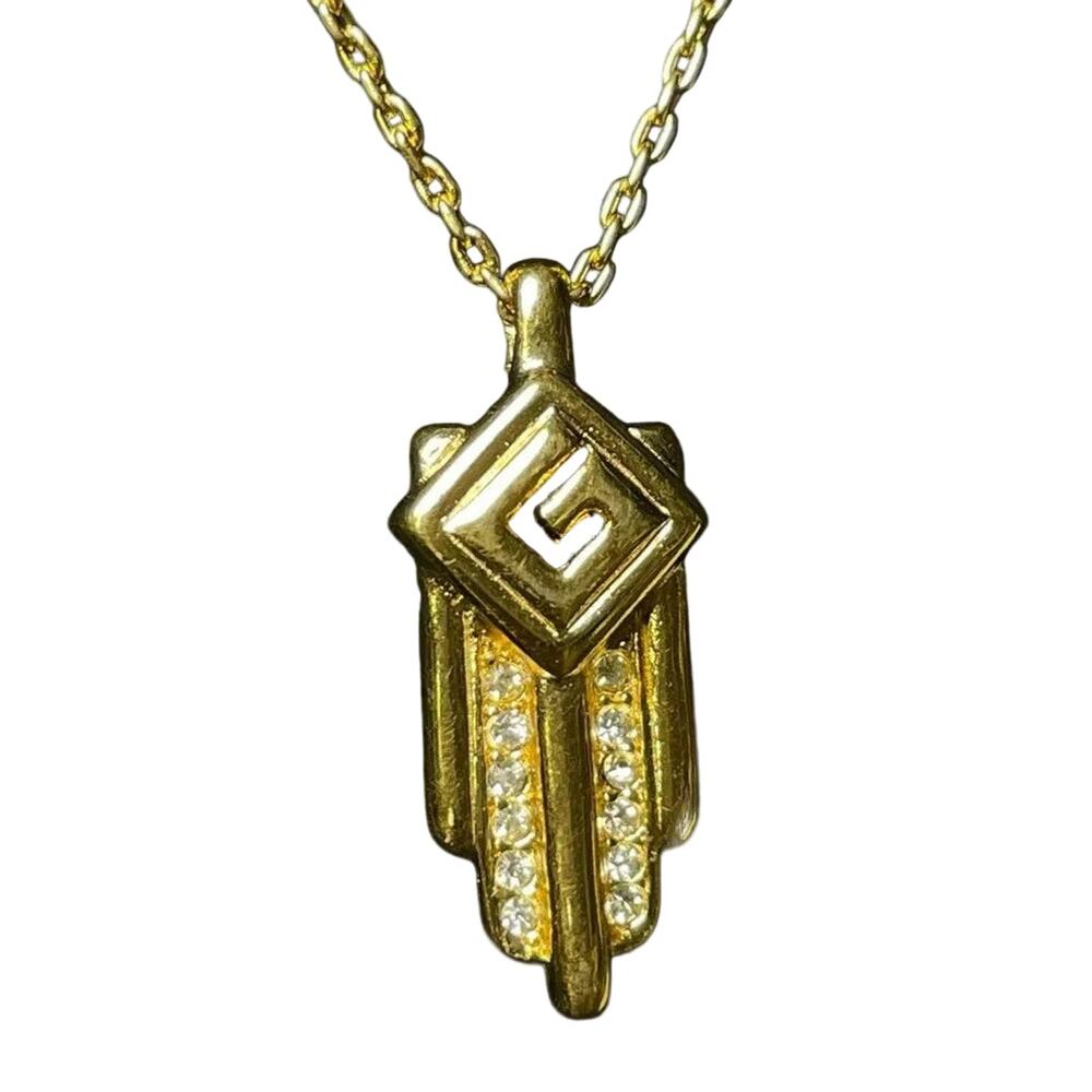 Givenchy Paris 1970s-1980s Art Deco G Crystal Fringe Pendant 15" Necklace